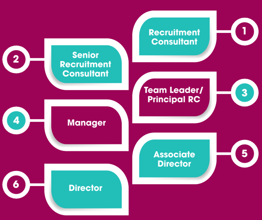 Career Pathway at Phoenix Search from Recruitment Consultant to Senior to Either Team Lead or Principal Consultant, to Manager, to Associate Director to Director